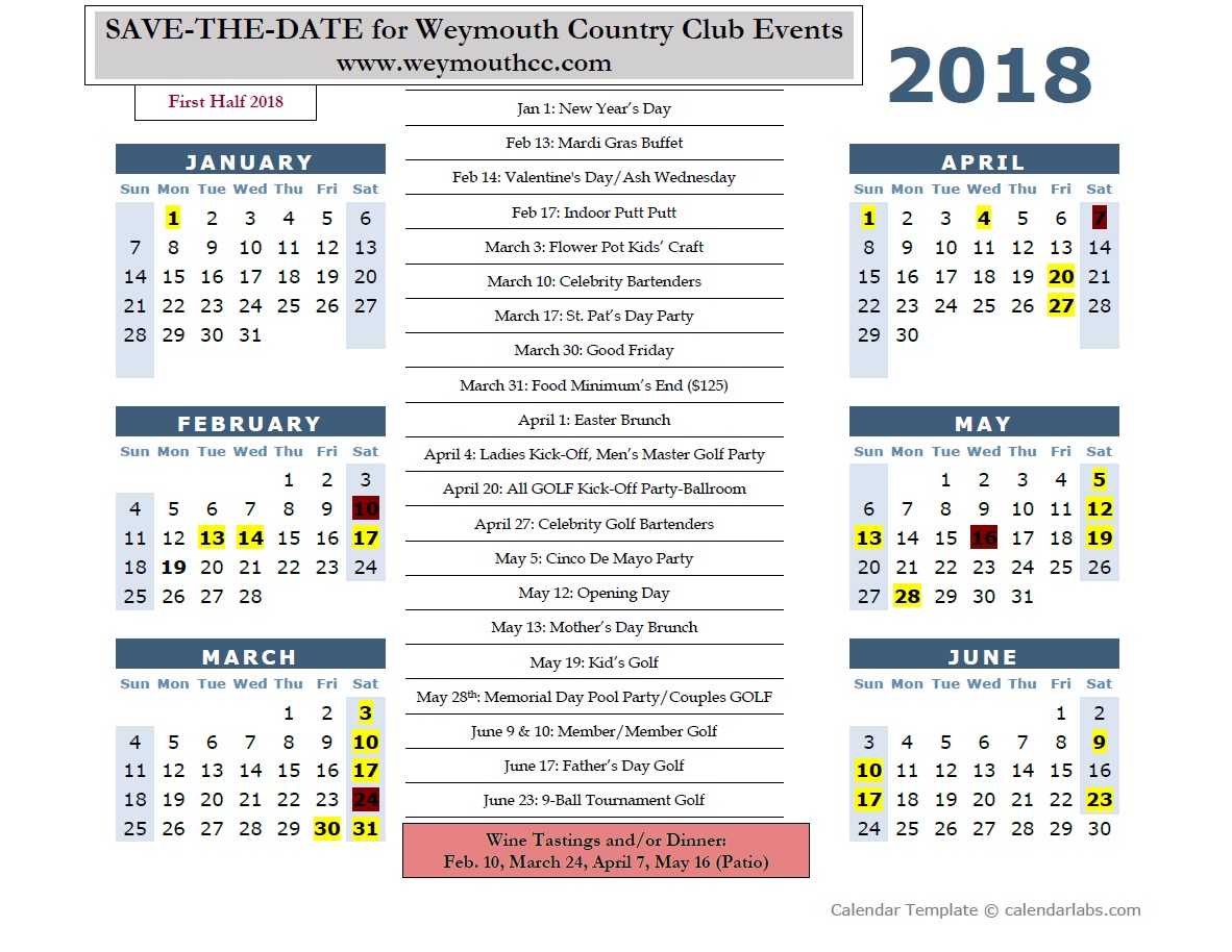 weymouth 2018 yearly calendar weymouth country club 2018 01 01