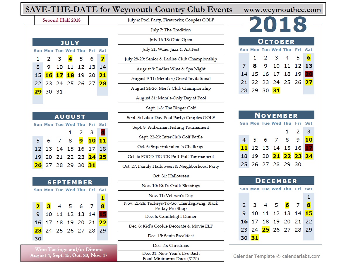 Weymouth 18 Yearly Calendar Weymouth Country Club 18 01 01
